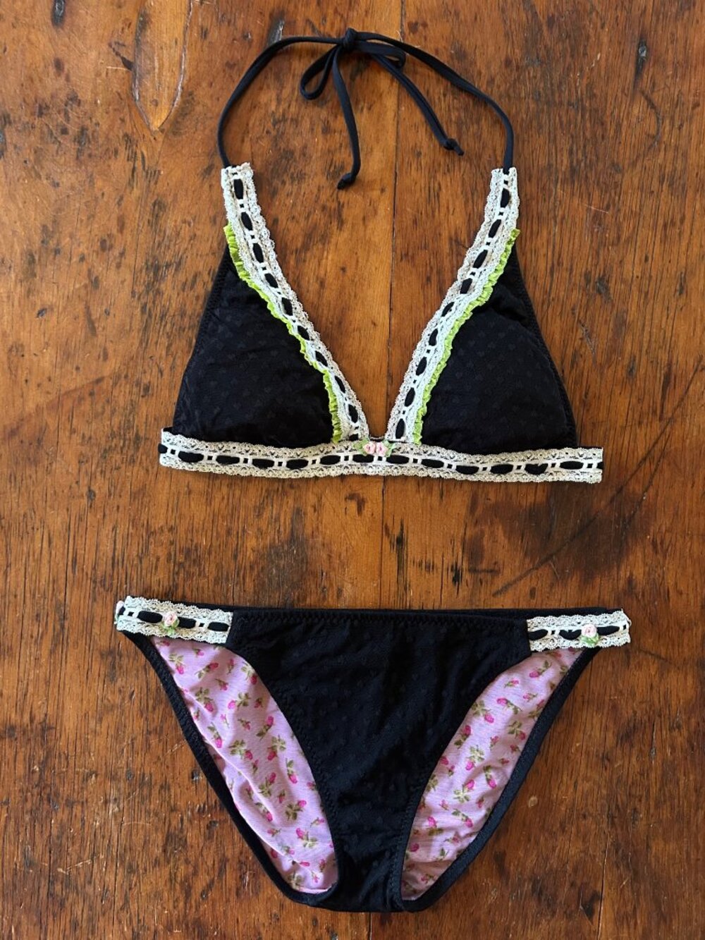 Vintage Betsey Johnson Black Hearts & lace Bikini Set